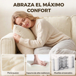 HOMCOM Sofá de 3 Plazas Seccional con Almacenaje, 235 cm, Sofá Modular de Pana con Otomana Reversible, en Forma de L, Asiento Ancho y Profundo, 3 Almohadas, Bolsillos Laterales, Crema