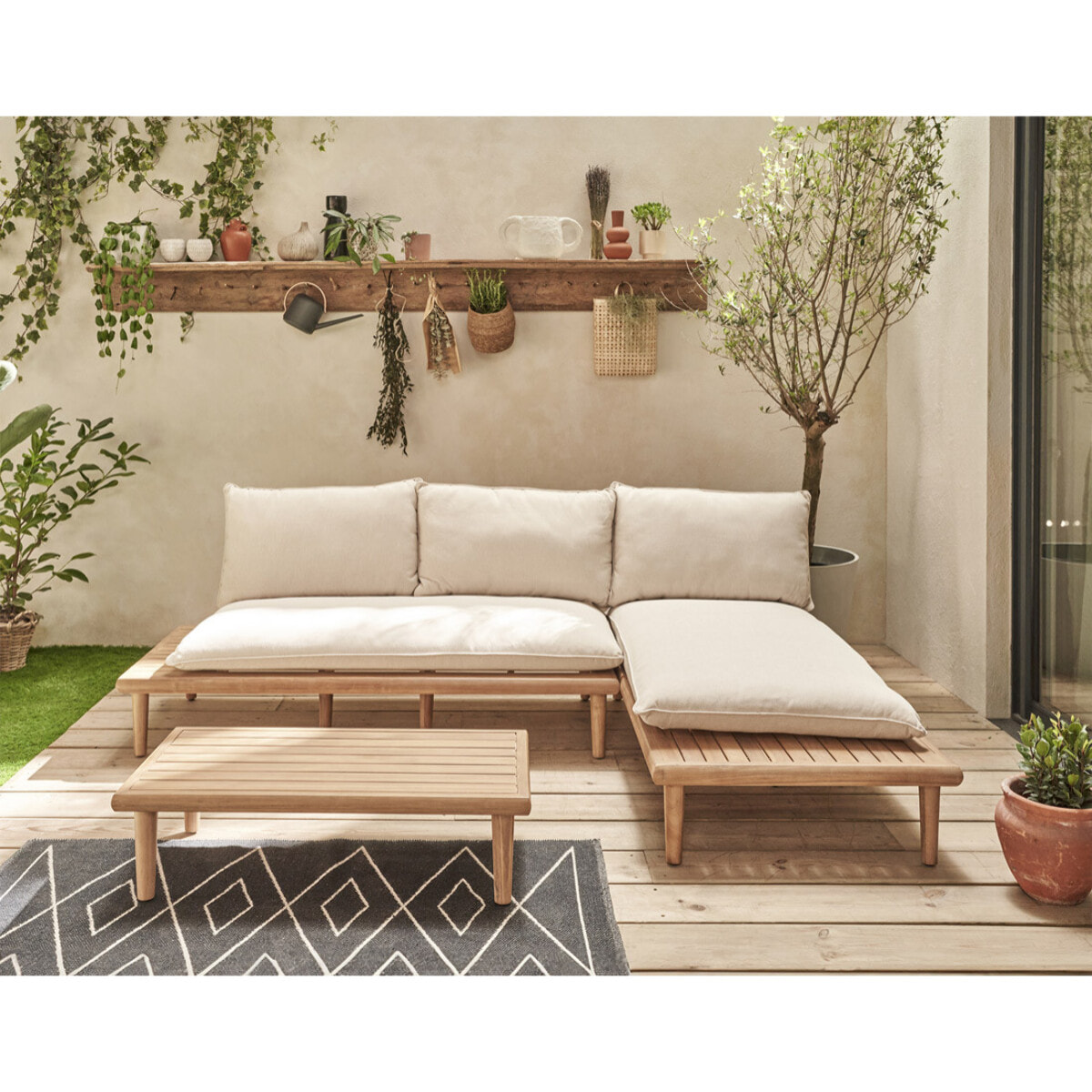 Papeete - salon bas de jardin 4 places + table - bois d'acacia et coussins beiges - Bois / Beige