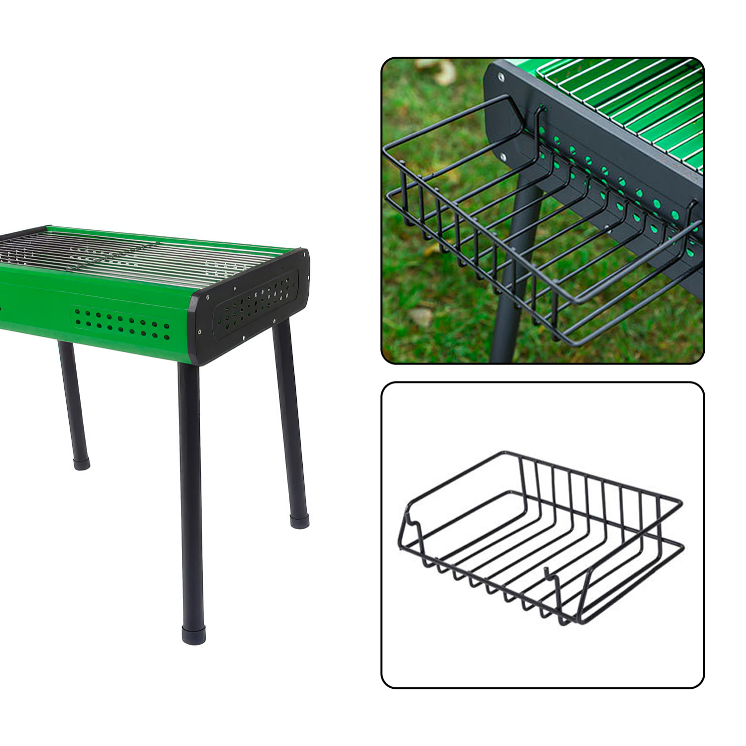 Barbacoa portátil de carbón CA-26 con patas desmontables, dos bandejas grill, cestas laterales y ventilación optimizada para una cocción uniforme.