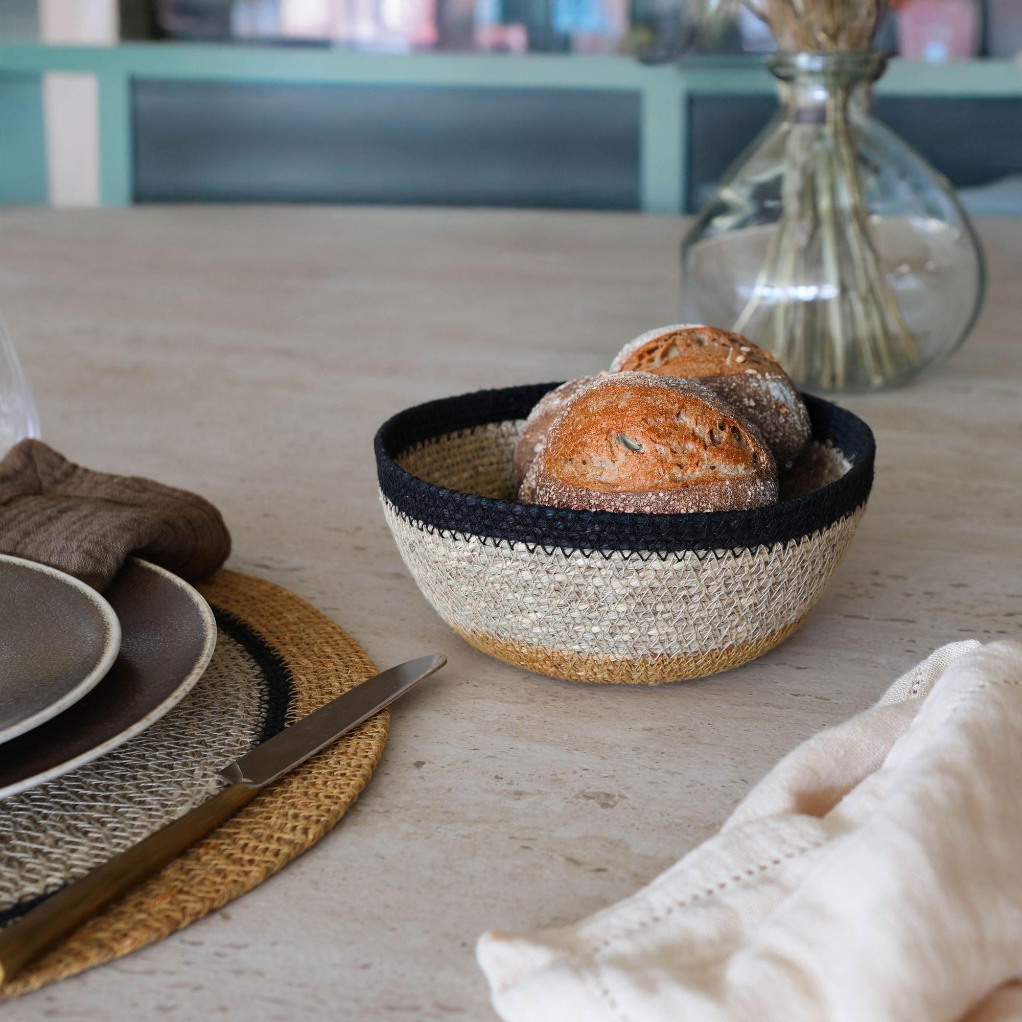 Panier rond en jonc de mer naturel et jaunce d18cm DUNE