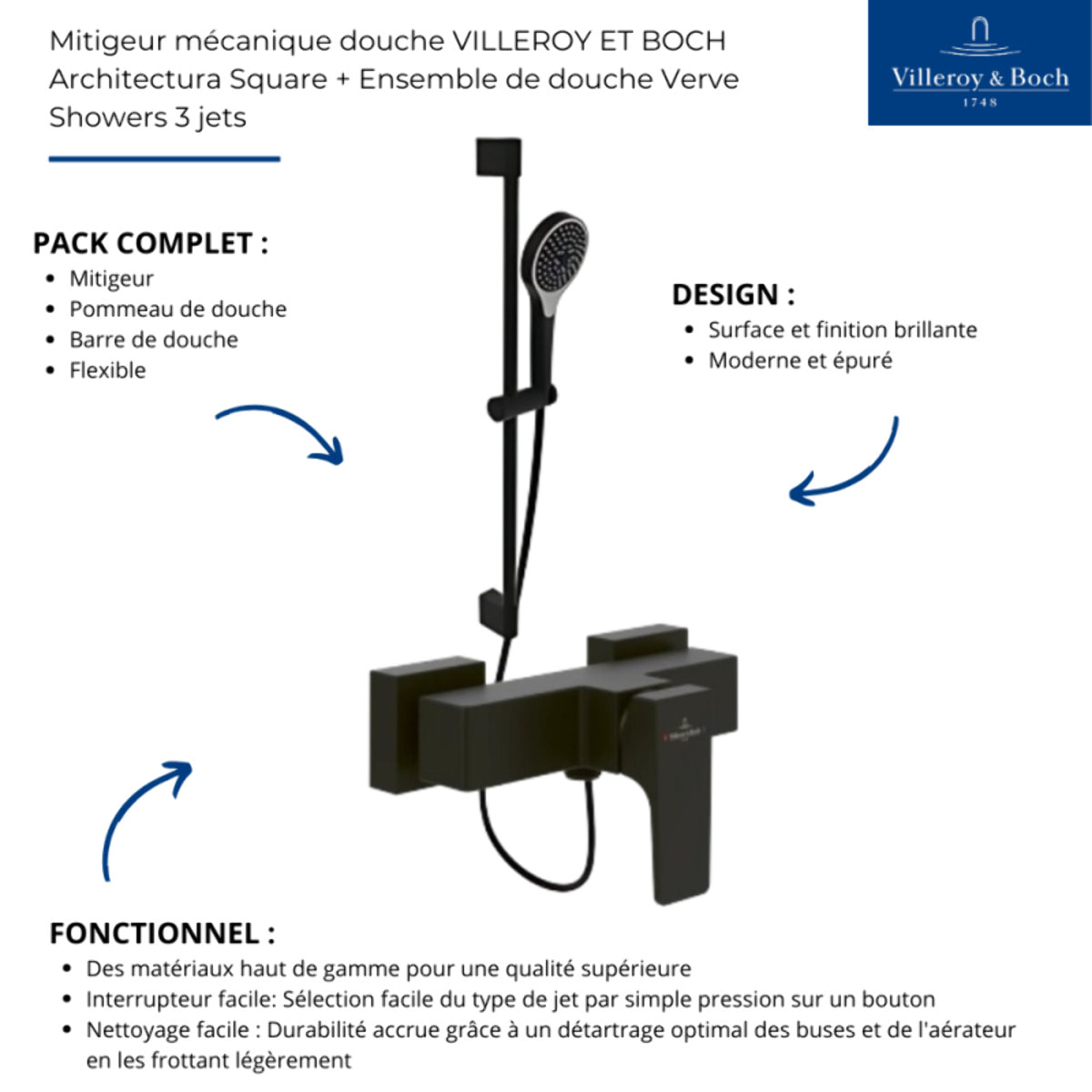 Mitigeur mécanique douche VILLEROY ET BOCH Architectura Square + Ensemble de douche VILLEROY ET BOCH Verve Showers 3 jets