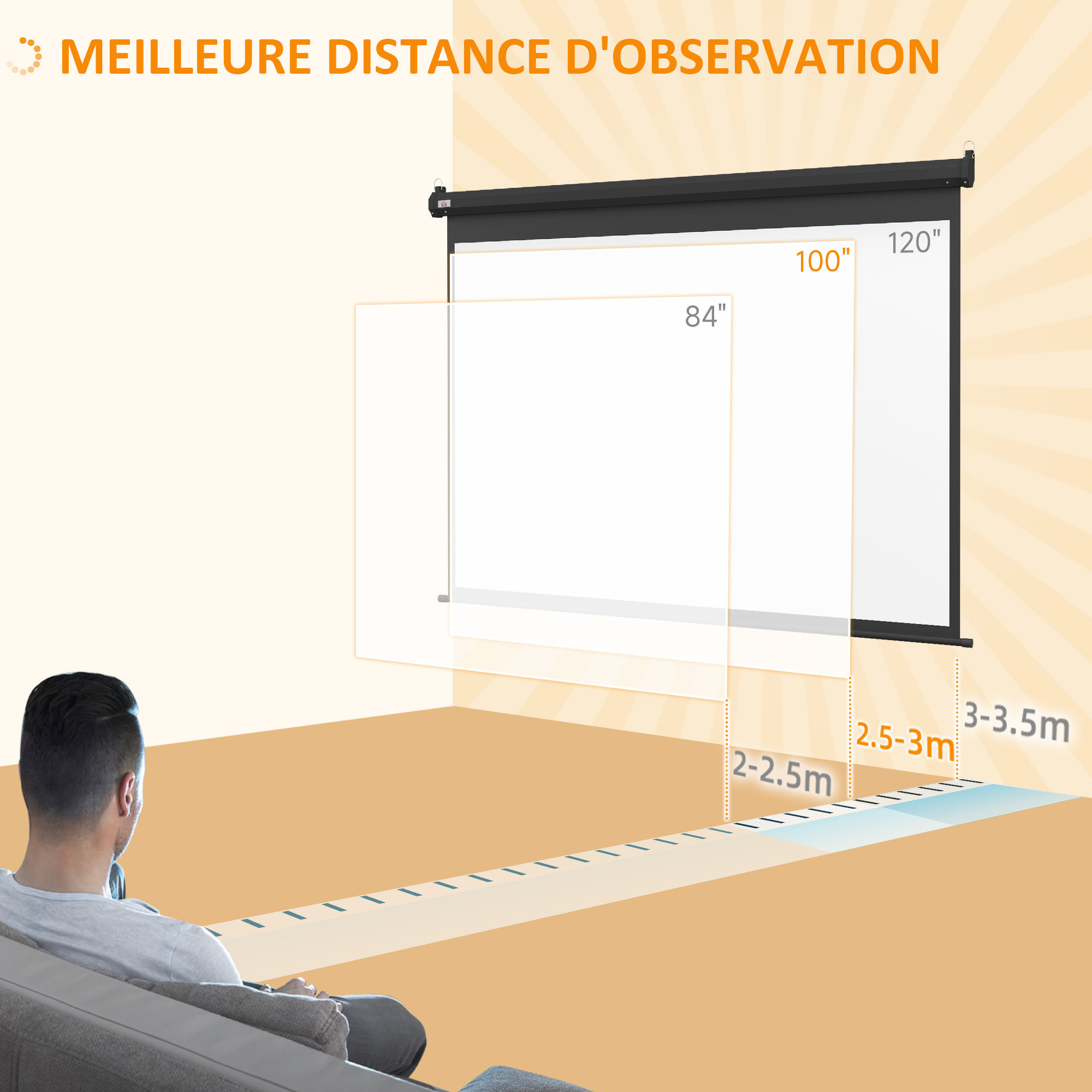 Ecran de projection motorisé home-cinéma format 4:3 100 pouces 203L x 152H cm noir