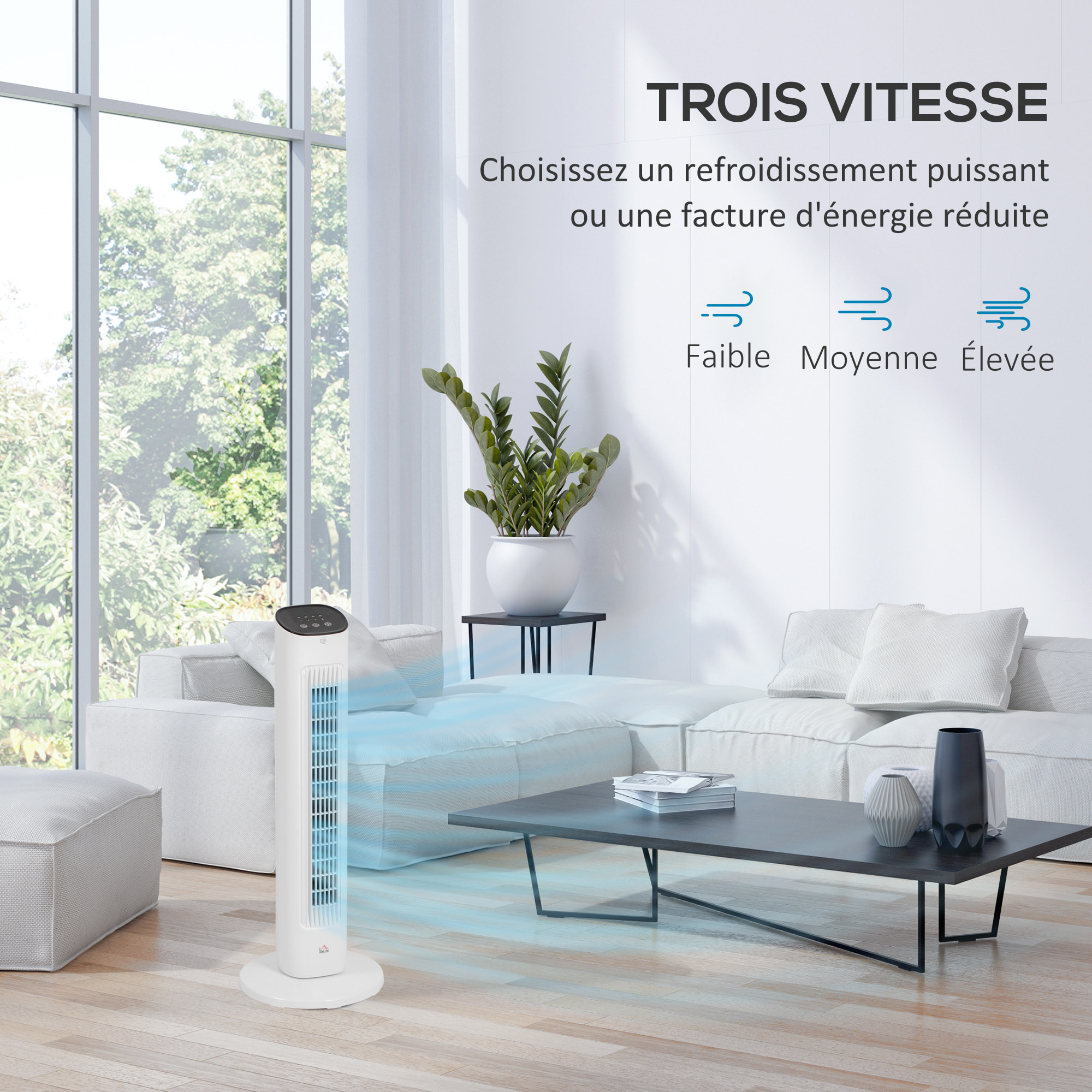 Ventilateur colonne oscillant 50W avec télécommande - 3 vitesses, timer, affichage LED - blanc