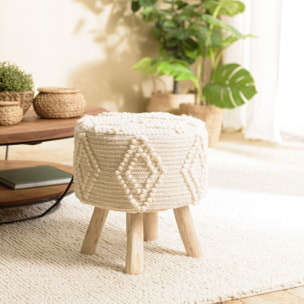 SACHA - Tabouret rond 40x40cm laine motifs losanges ivoire pieds bois