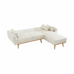 Canapé d'angle convertible réversible 3 places. tissu bouclettes blanches. pieds bois