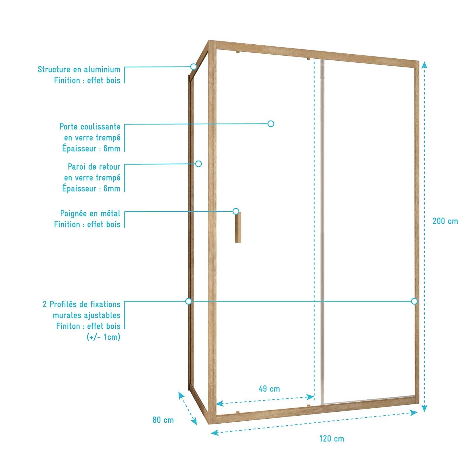 Porte de Douche Coulissante et Retour 120x80x200cm - Profilés Alu Effet Bois - Verre Trempé 6mm