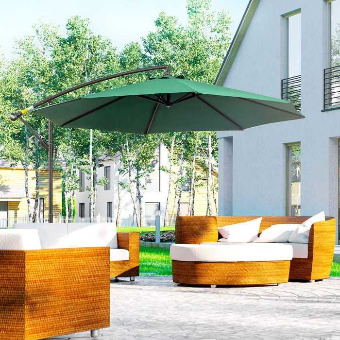 Outsunny Sombrilla de Jardín Ø300x250 cm Parasol Excéntrico Inclinable con Manivela Base Cruzada y Soporte de Acero Protección Solar para Terraza Exterior Verde