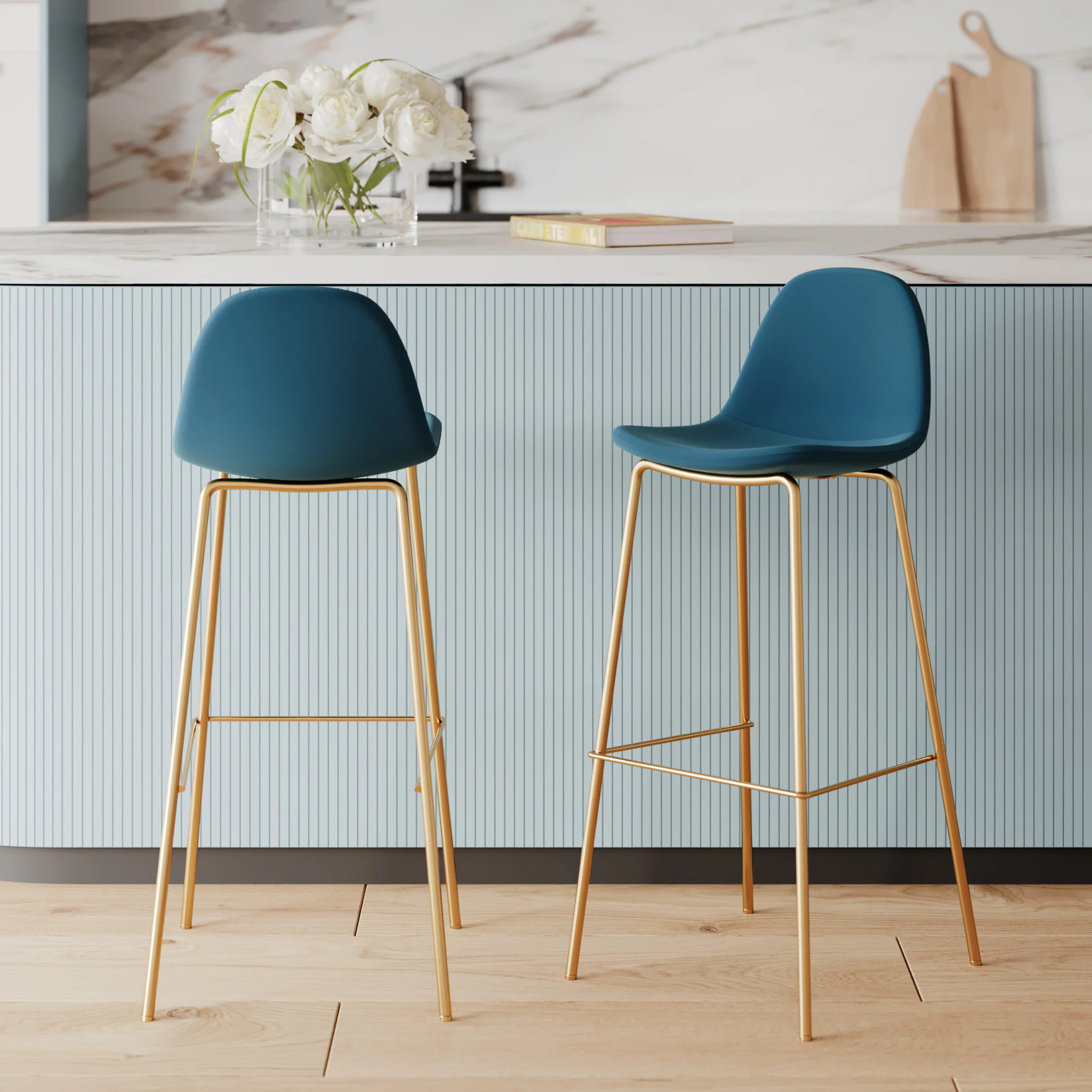 Lot de 2 chaises pour îlot central 65 cm en cuir synthétique bleu - Henrik