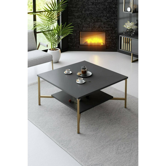 Tavolino da salotto Mia, Tavolo basso da caffè, Portariviste per divano, Ripiano da soggiorno, 80x80h40 cm, Antracite e Nero