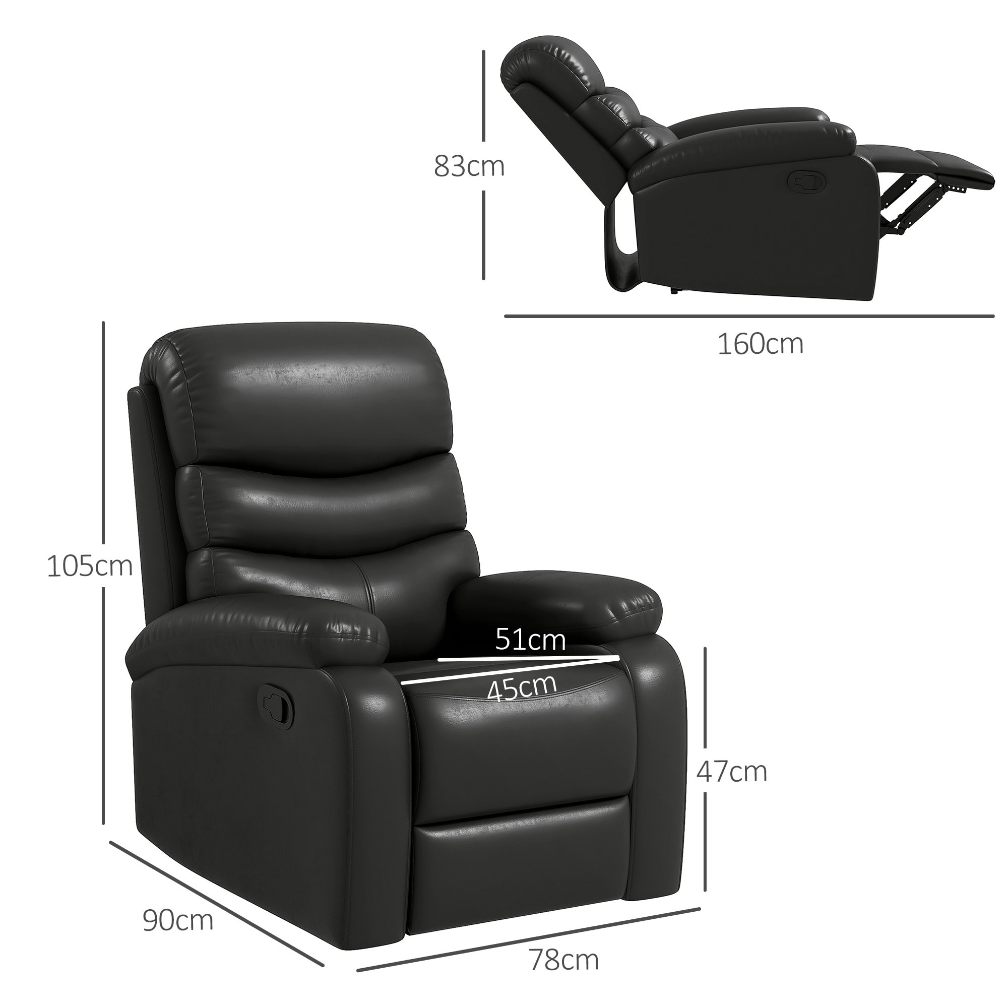 Fauteuil relax inclinable réglable repose-pied intégré revêtement synthétique noir