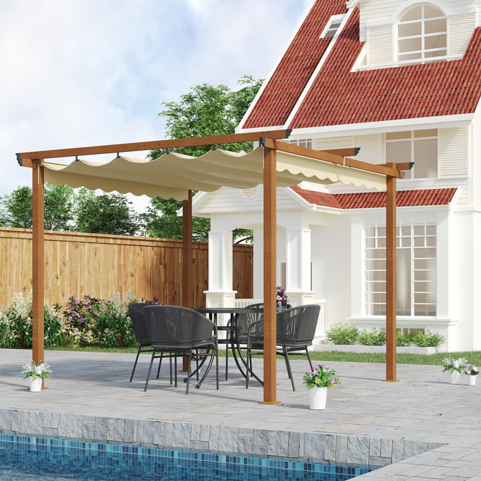 Pergola rétractable 3L x 3l x 2,25H m structure alu. aspect bois toile polyester haute densité beige