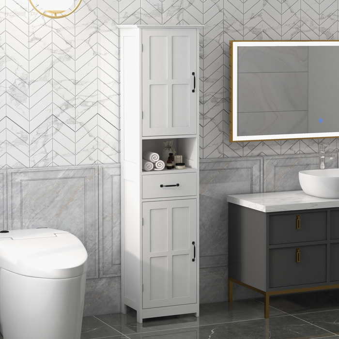 kleankin Columna de Baño Mueble Auxiliar de Baño con 2 Puertas 1 Cajón Estante Abierto y Estantes Ajustables Antivuelco 40x30x164 cm Blanco