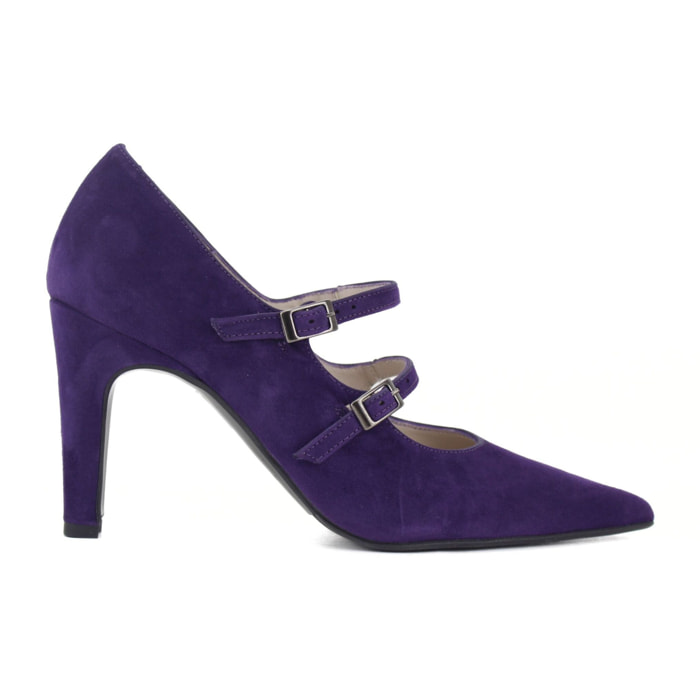 Salón de ante color violeta estilo Mary Jane. Tacón de 9 cm