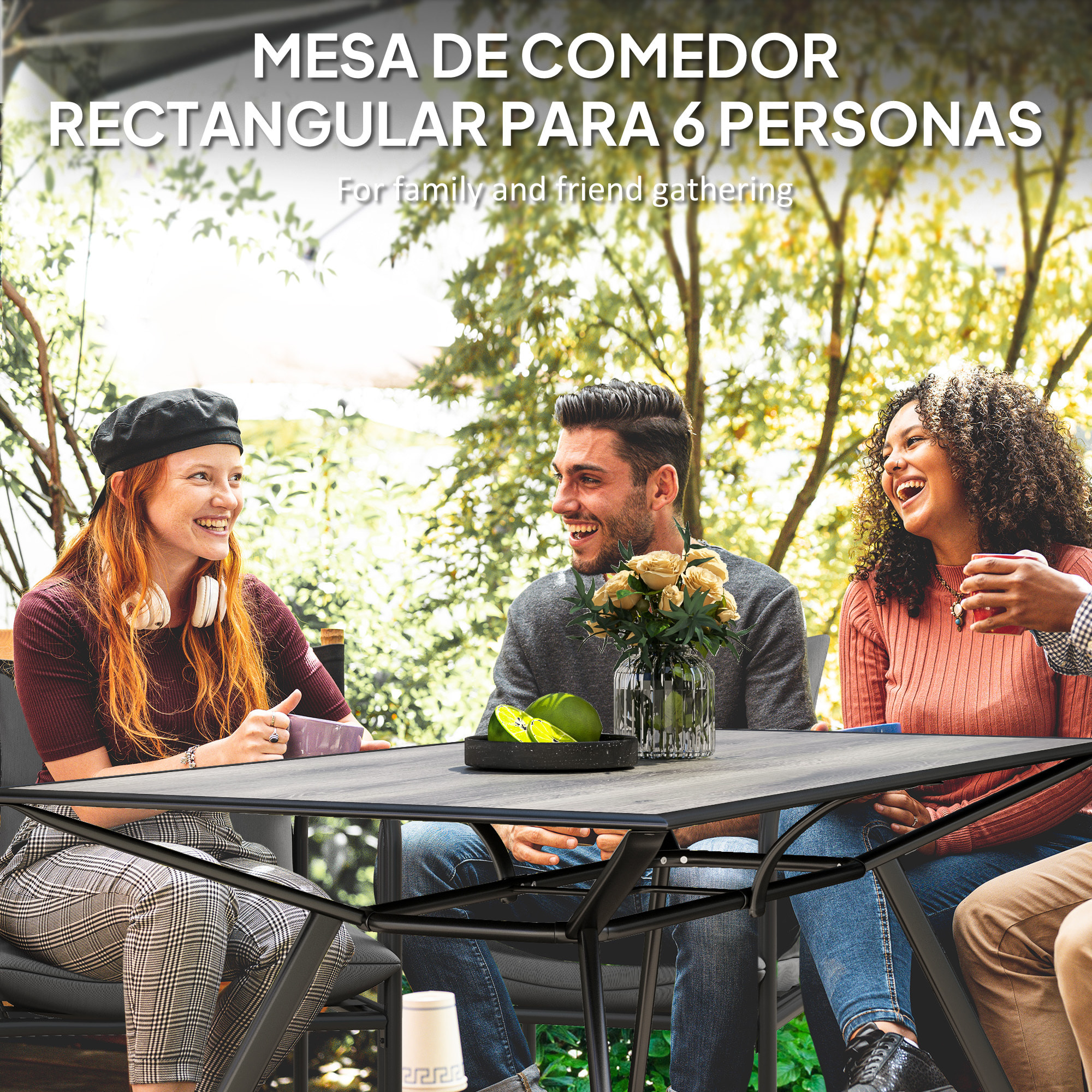 Mesa de Jardín Exterior Mesa de Comedor Exterior con Encimera Imitación Madera y Estructura de Acero Carga 70 kg Mesa Rectangular para 6 Personas para Patio Terraza Gris