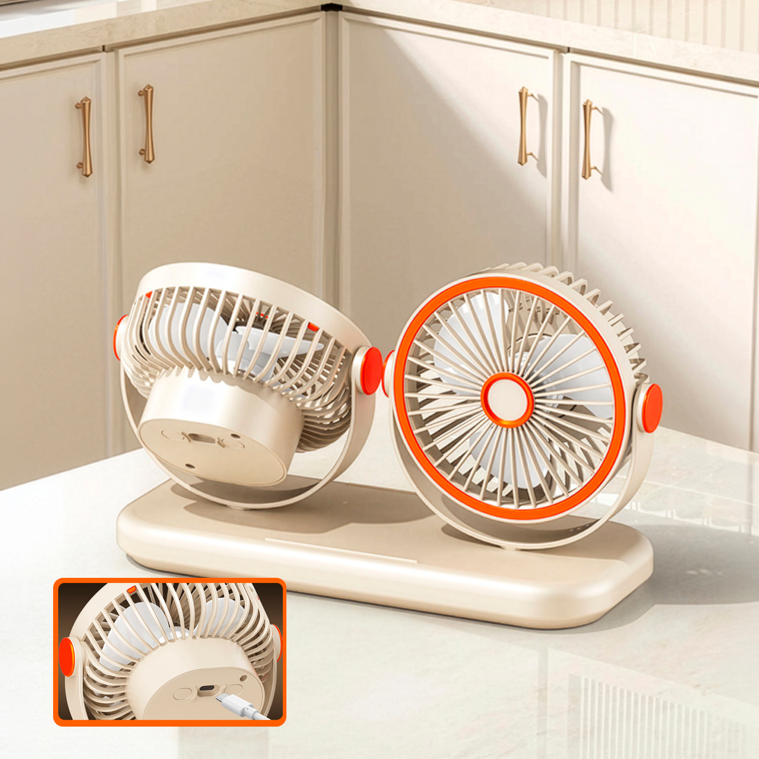 Ventilador modular F21. Con 2 ventiladores independientes, 5 velocidades por unidad y giro 360° vertical y horizontal. 3 niveles de iluminación y diseño versátil de sobremesa, pared, techo o uso portá