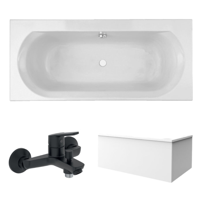 Pack baignoire droite 170 x 75 Elise + tablier en angle + mitigeur bain douche mural Aimé noir + vidage