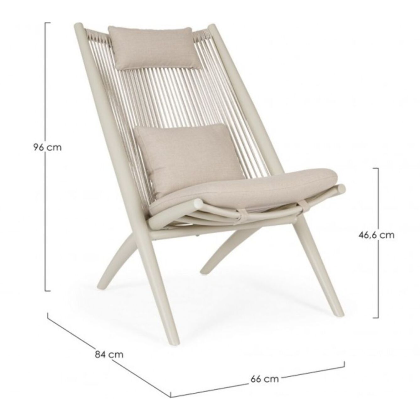Set di 4 poltrone ALOHA in alluminio beige e intreccio di corda beige, con cuscini