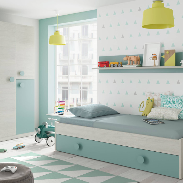 Cama Nido Juvenil + Estante Snuba 43x201x98 Cm Verde Acqua / Blanco Alpes
