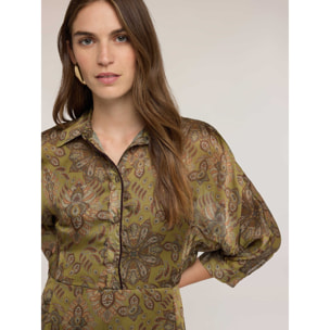 Motivi - Vestido camisero de satén con estampado - Verde militare