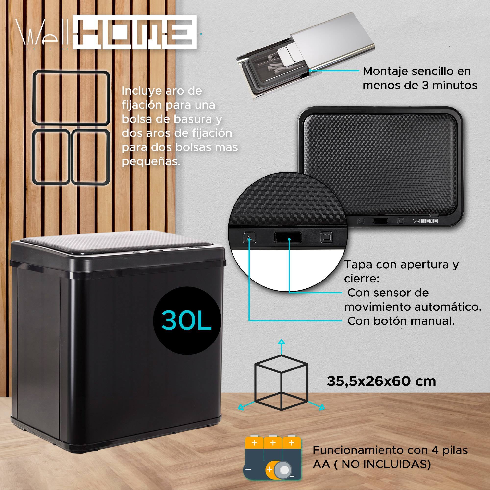 Well home - cubo de basura inteligente sin patas con apertura automática y contacto manual 30l, 35,5x26x60cm color negro