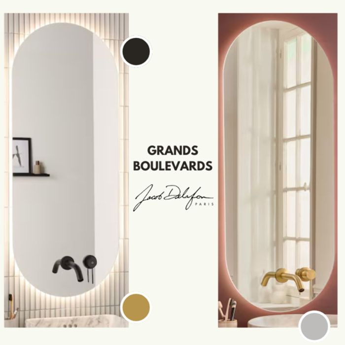 Miroir LED ovale 2 trous + mitigeur lavabo encastré Grands Boulevards Laiton brossé + corps encastré