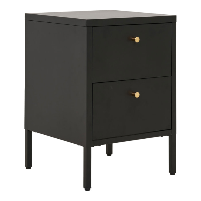 Comodino Dalby a 2 cassetti in acciaio nero con pomelli ottone 40×40×60 cm