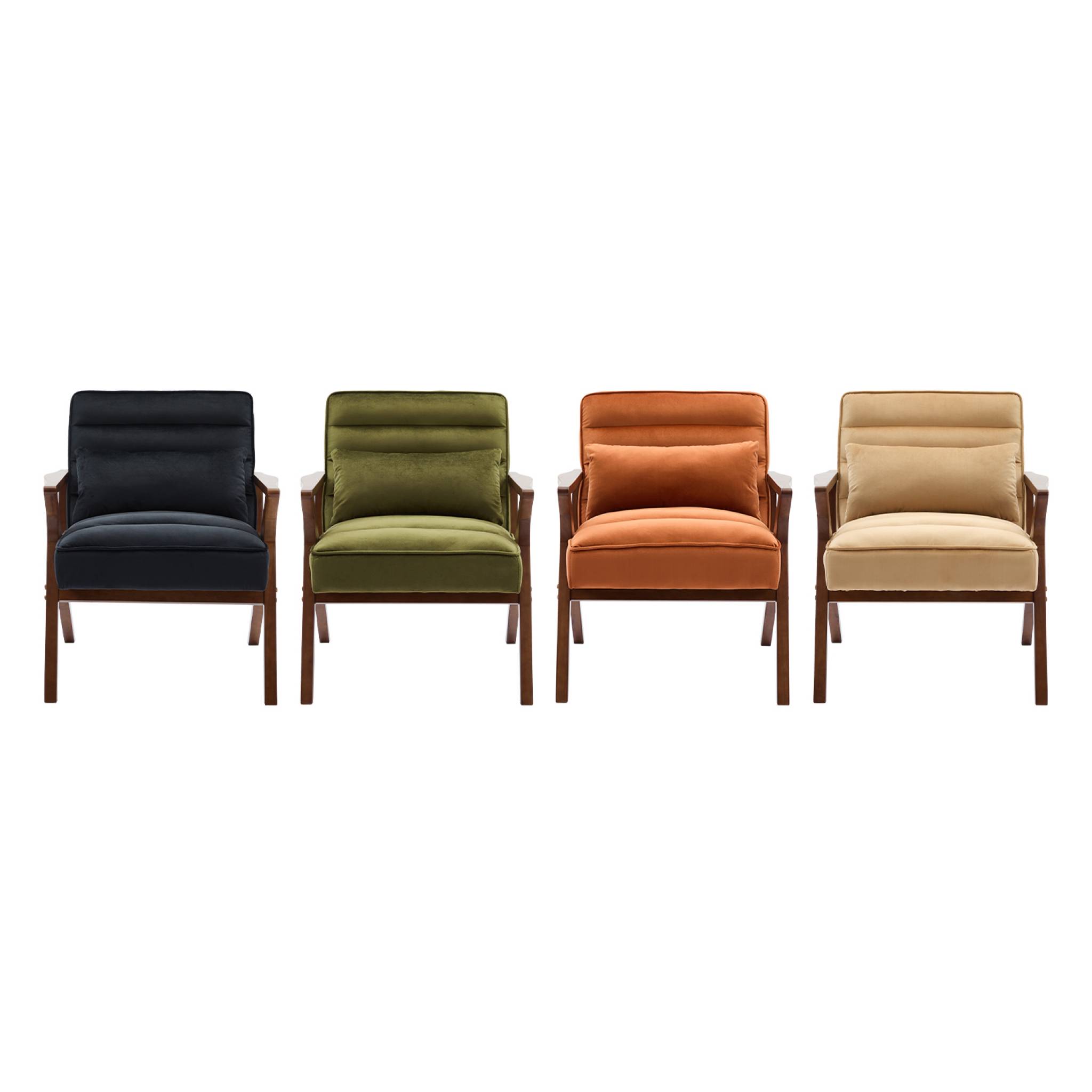 Fauteuil scandinave bois d'hévéa et velours kaki