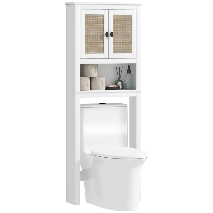 Mueble sobre Inodoro Estrecho Armario sobre Inodoro con 2 Puertas con Frontal de Ratán Compartimento y Estante Ajustable Mueble de Baño 60x19,5x160 cm Blanco