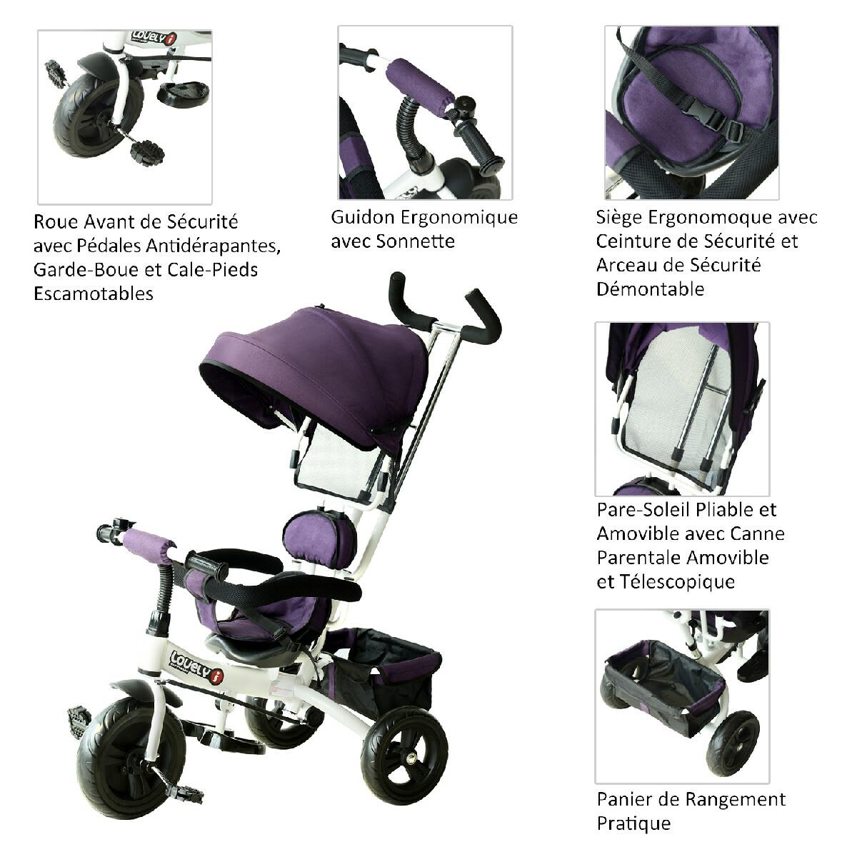 Tricycle enfant évolutif pare-soleil pliable canne  télescopique amovible 92 x 51 x 110 cm acier violet blanc