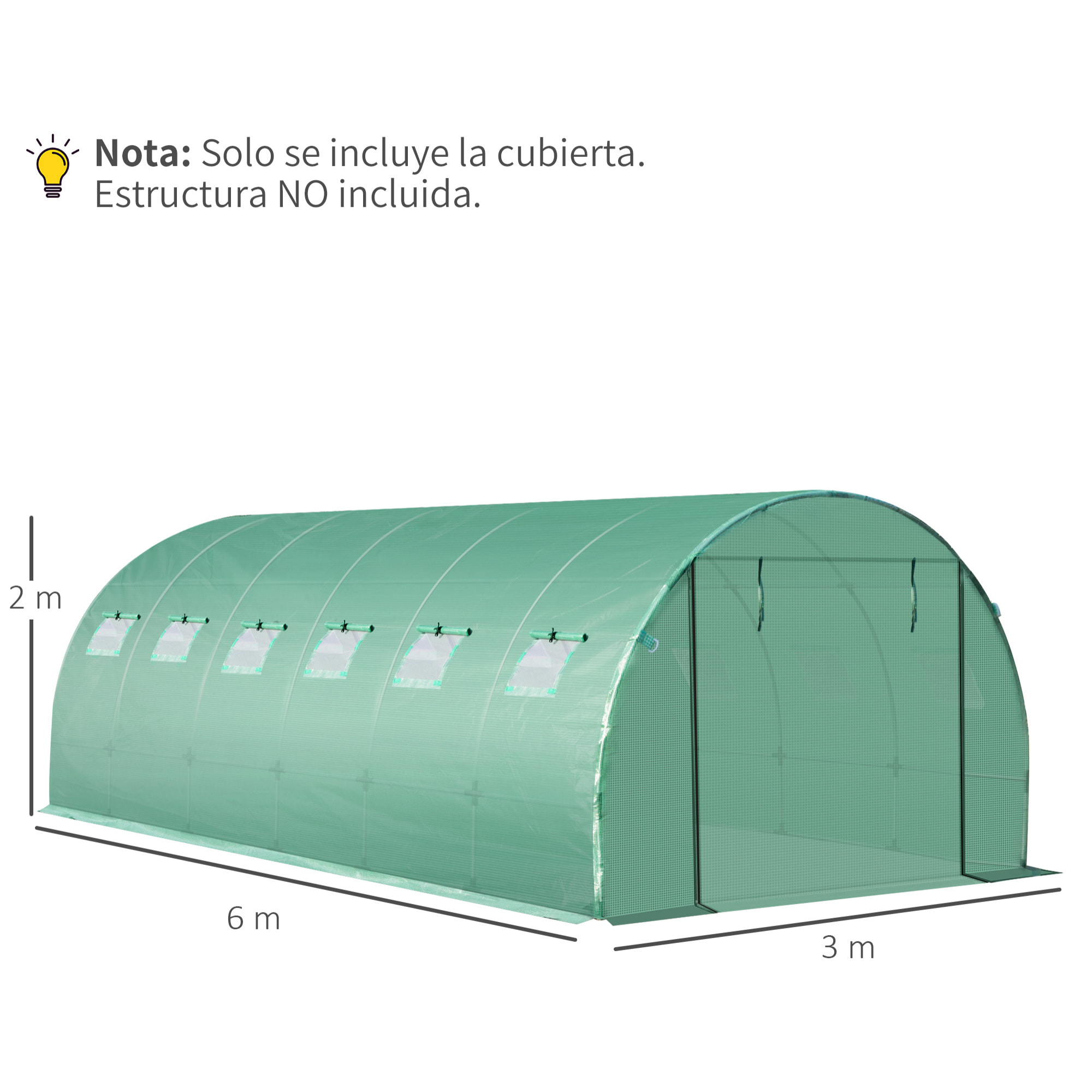 Cubierta de Invernadero de TáÂºnel 6x3x2 m Cubierta de Repuesto Invernadero Polietileno con 12 Ventanas y Puerta Enrollable Protección de Plantas para Jardín Verde