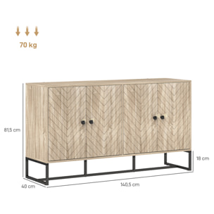 Aparador de 4 Puertas con Diseño Chevron, Aparador de Salón con Estantes Ajustables, Patas de Acero, para Cocina, Entrada, Dormitorio, Roble, 140,5x40x81,5 cm