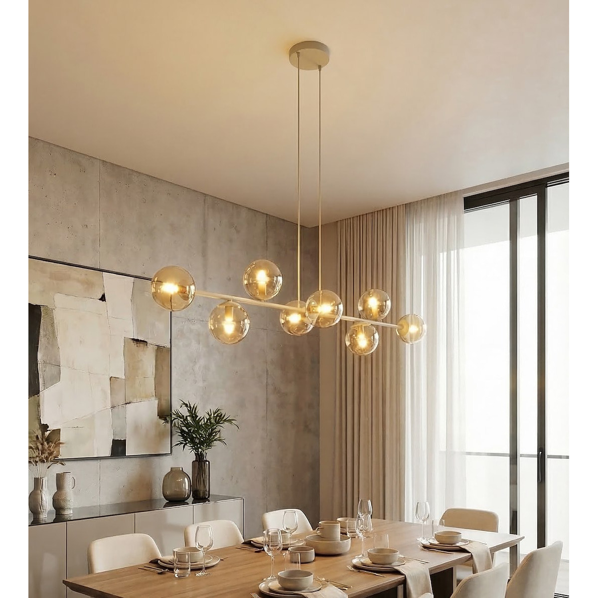 Lampada a sospensione Magnus in acciaio beige e vetro ambrato
