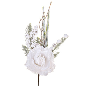 Pick Con Rosa E Bacche - Pezzi 12 - 10X34X8 - Colore: Bianco - Bianchi Dino - Articoli Natalizi