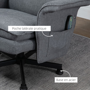 Fauteuil de massage avec repose-pied - style néo-rétro - châssis acier noir aspect lin gris