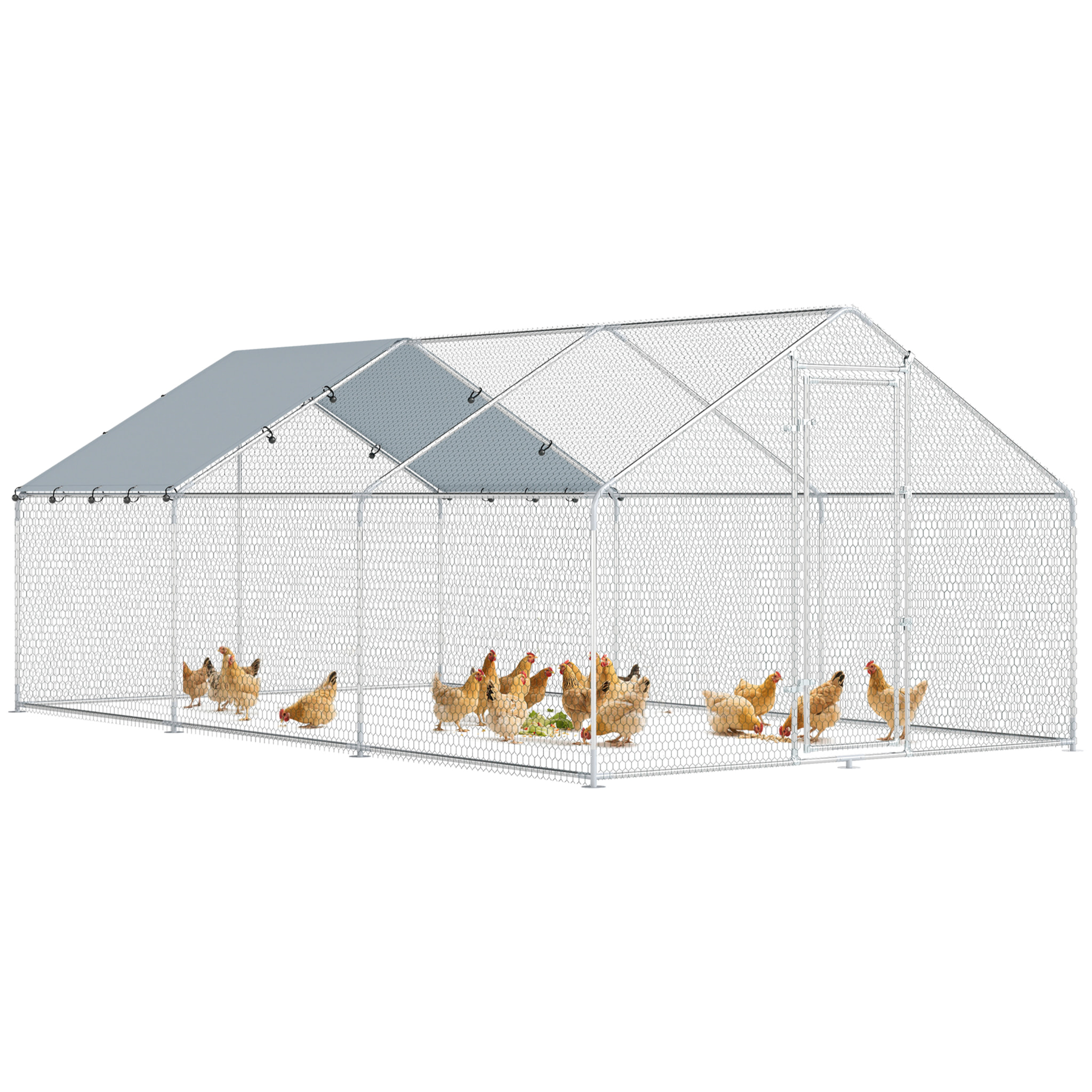Gallinero para Exterior Grande, 5,1x3x1,9 m, Gallinero de Acero Galvanizado, Puerta con Doble Cierre, Cubierta Tela Oxford, Anti-UV e Impermeable, Diseño Accesible, para 15-24 Gallinas, Plata