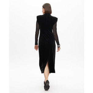 Vestito Lungo di Velluto con Maniche Trasparenti