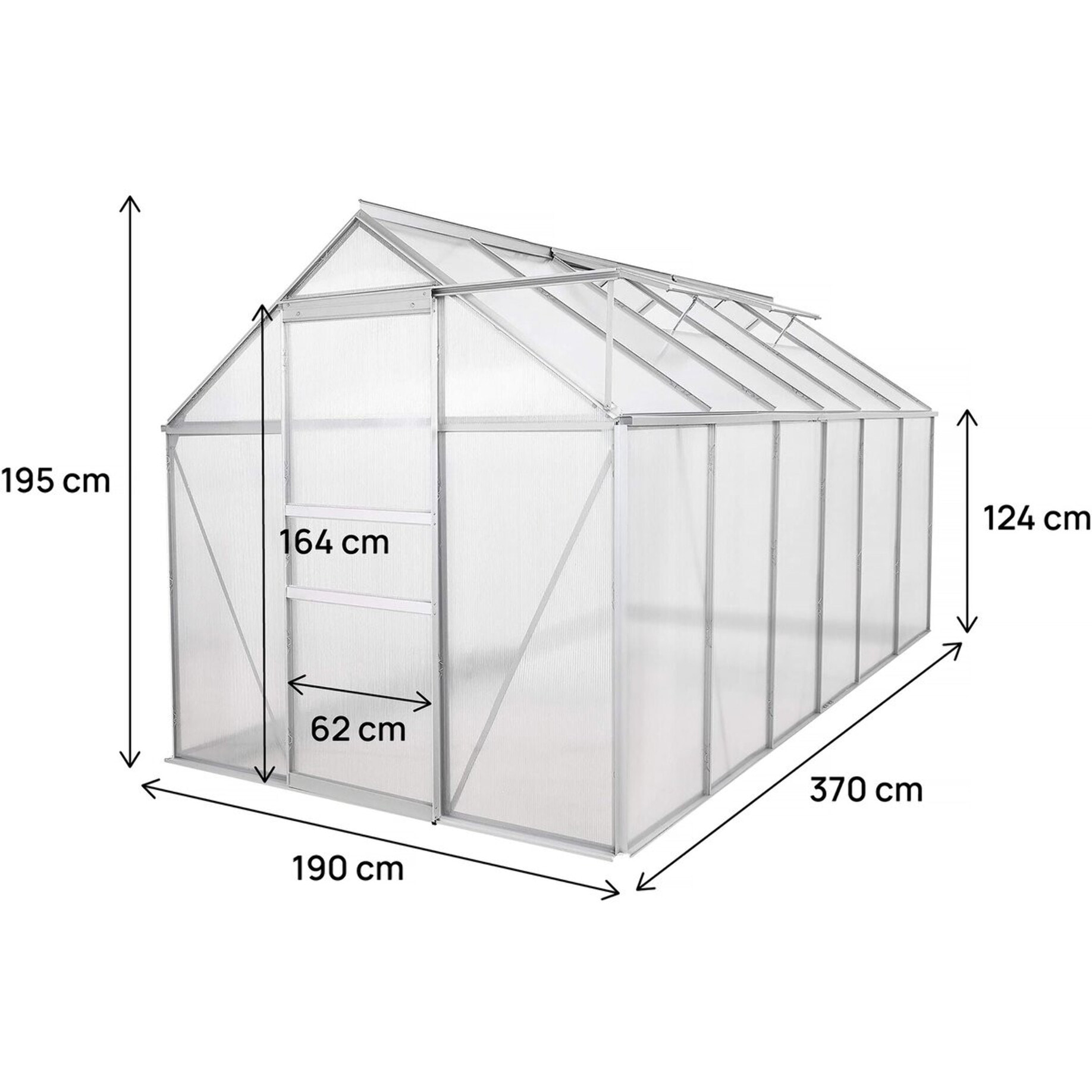 Serre jardin polycarbonate 370 x 190 x 195 cm "Basilic" - 7,03 m² - Gris