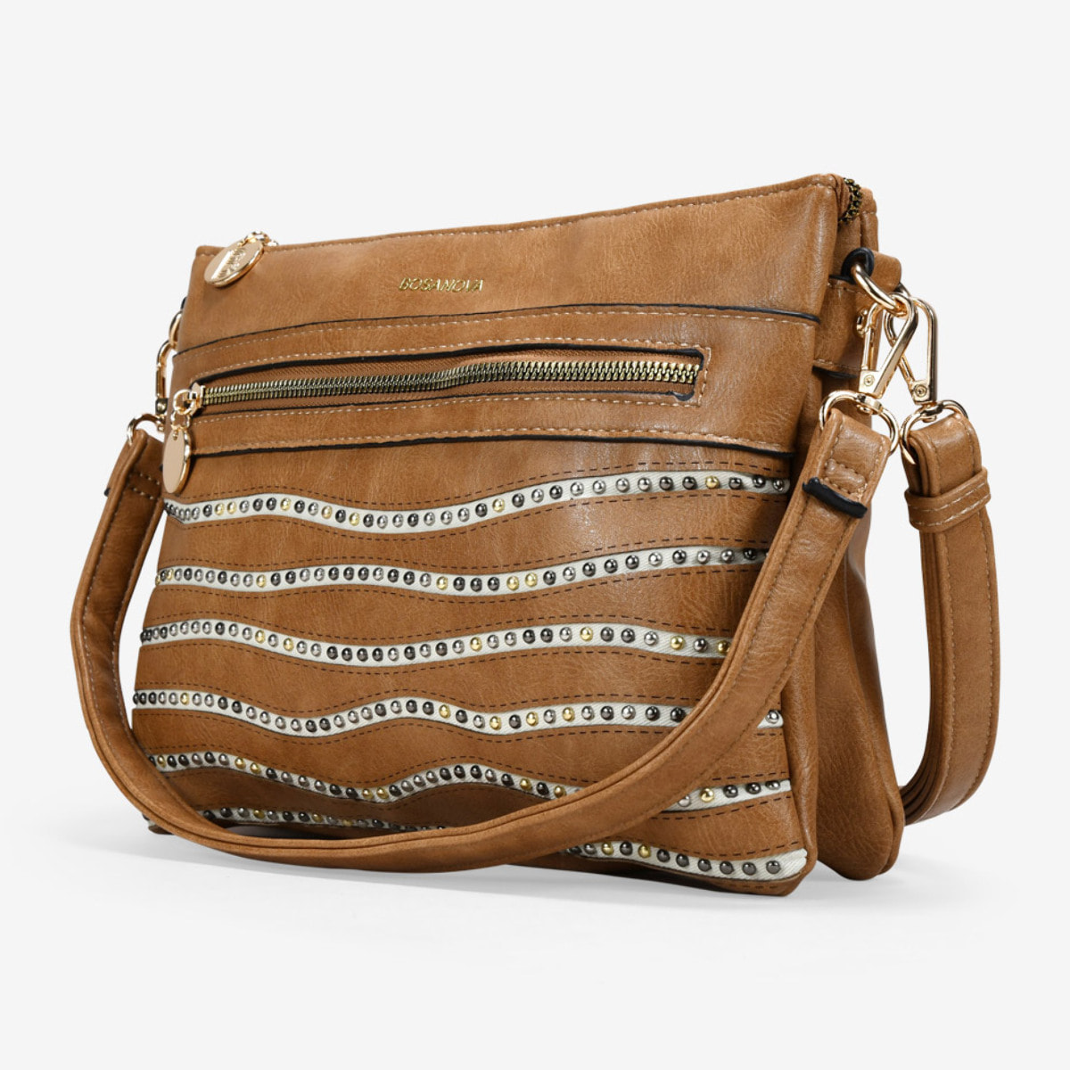 Bolso de hombro tostado con cremallera y tachas