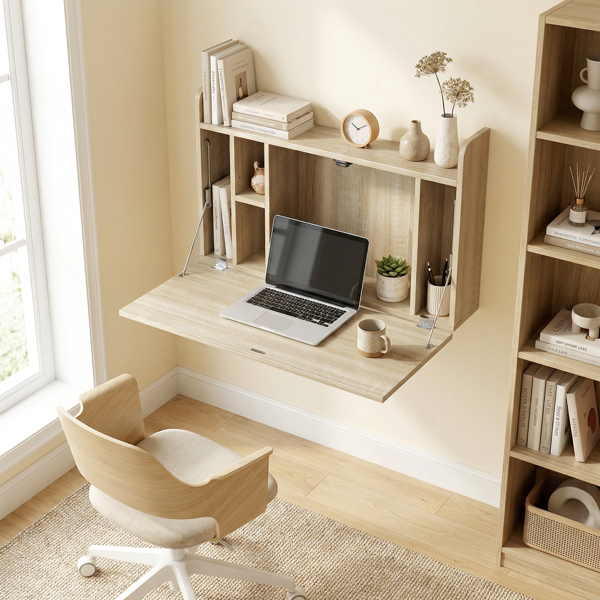 Bureau mural pliable - table murale rabattable - 5 niches, étagère - effet bois clair