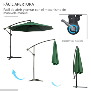 Outsunny Sombrilla de Jardín Ø300x250 cm Parasol Excéntrico Inclinable con Manivela Base Cruzada y Soporte de Acero Protección Solar para Terraza Exterior Verde