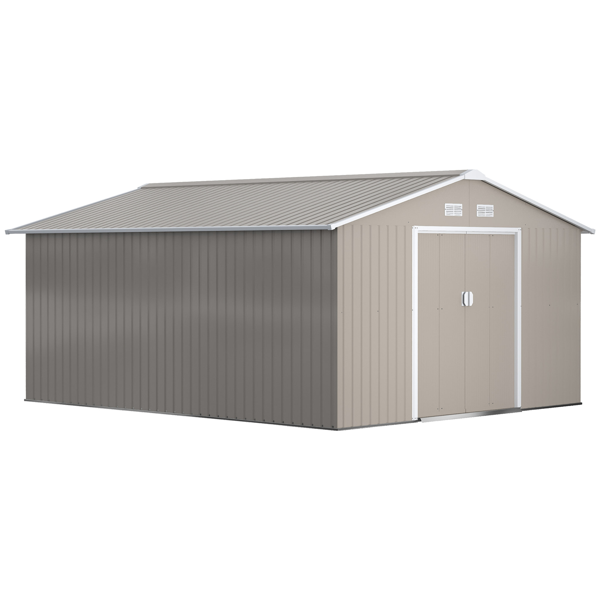 Caseta de Jardín Exterior 12,4 m² 340x386x200 cm, Cobertizo de Jardín Exterior Metálico con Puerta Corredera, Base Refuerzo (Suelo NO Incluido) y Ventanas Gris Claro