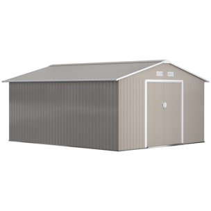 Caseta de Jardín Exterior 12,4 m² 340x386x200 cm, Cobertizo de Jardín Exterior Metálico con Puerta Corredera, Base Refuerzo (Suelo NO Incluido) y Ventanas Gris Claro