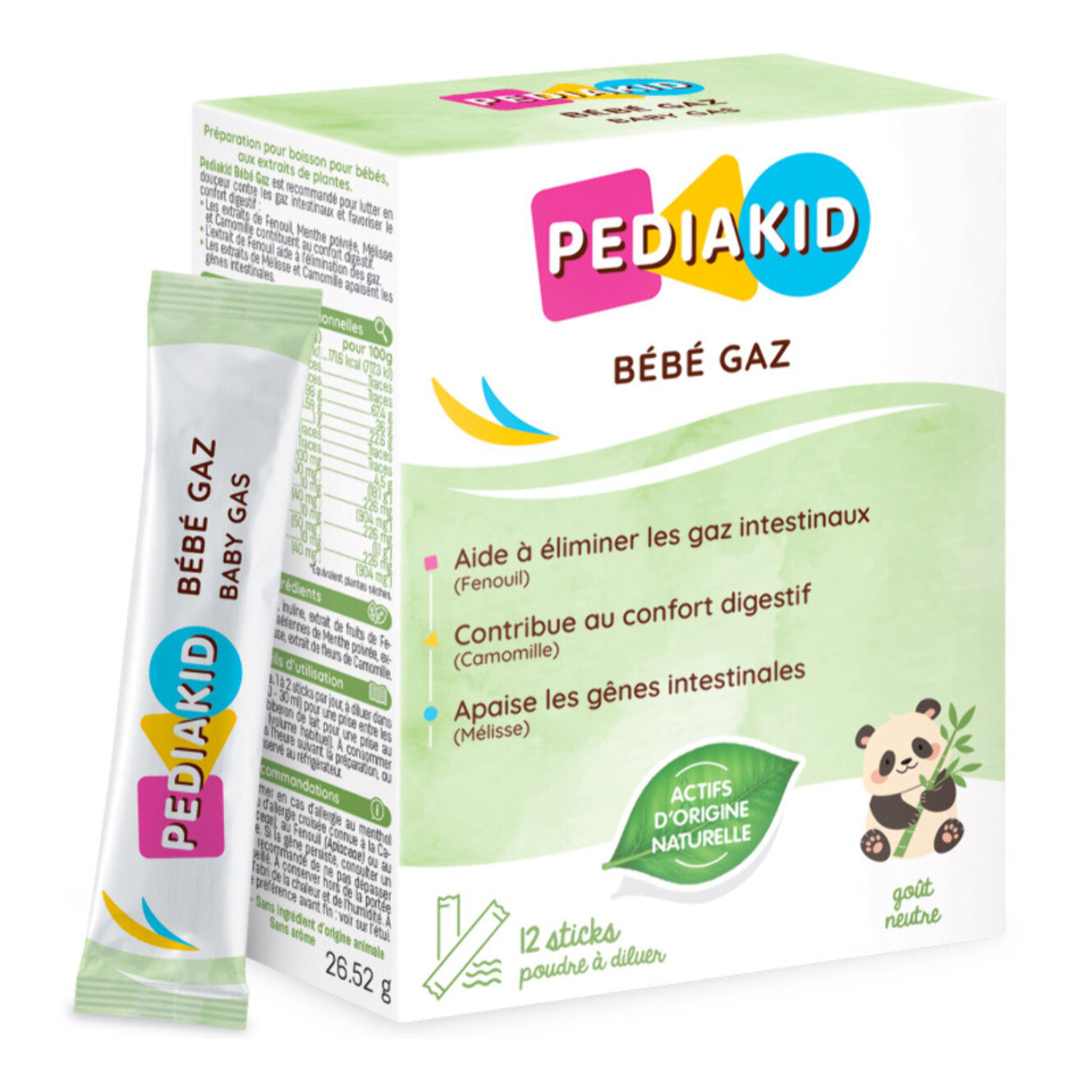 PEDIAKID - Bébé Gaz - Aux extraits de plantes & fibres - Aide à réduire les gaz et à améliorer le confort digestif - Dès la naissance - Étui de 12 sticks de Poudre à Diluer