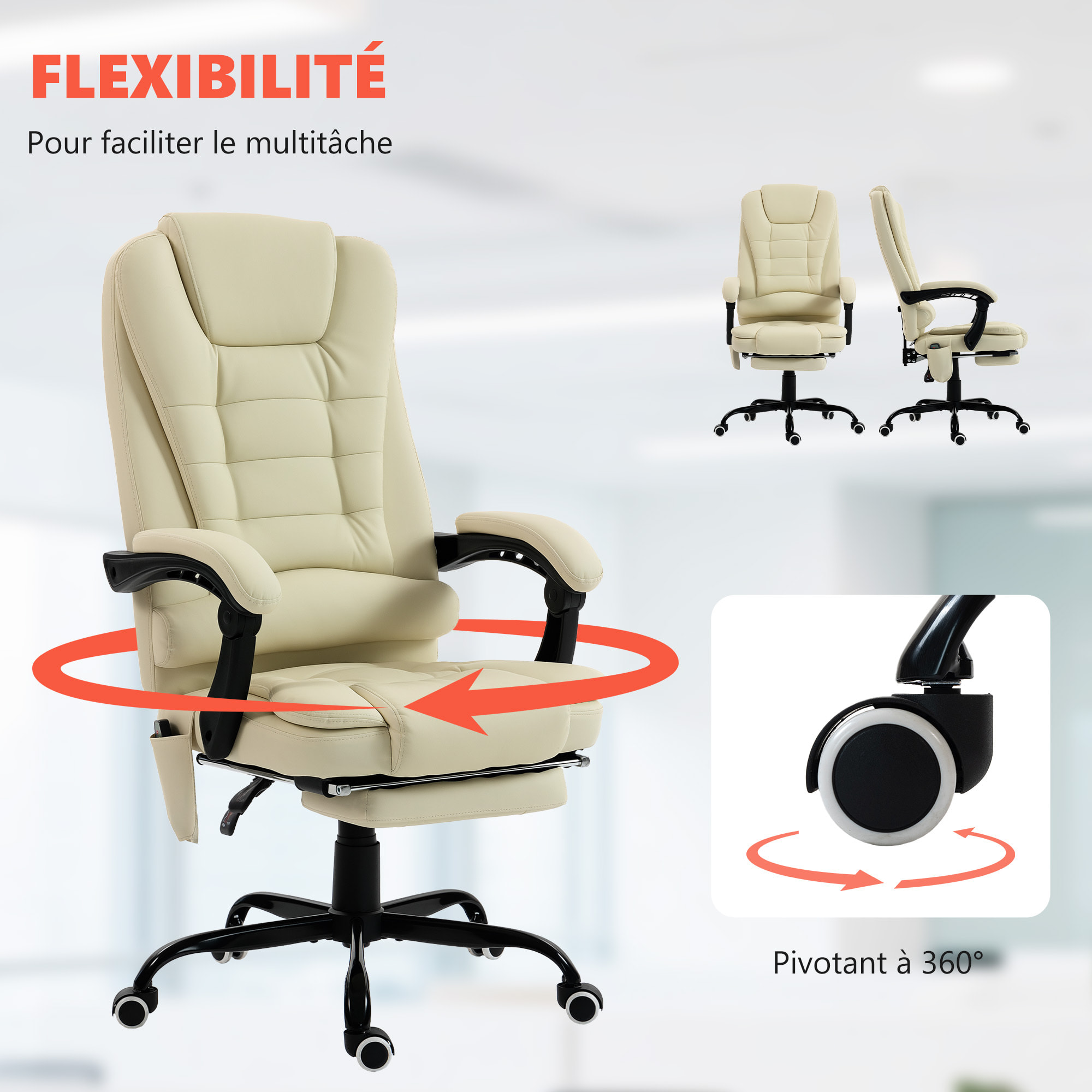 Fauteuil de bureau direction massant inclinable réglable repose-pied coussin lombaires synthétique beige