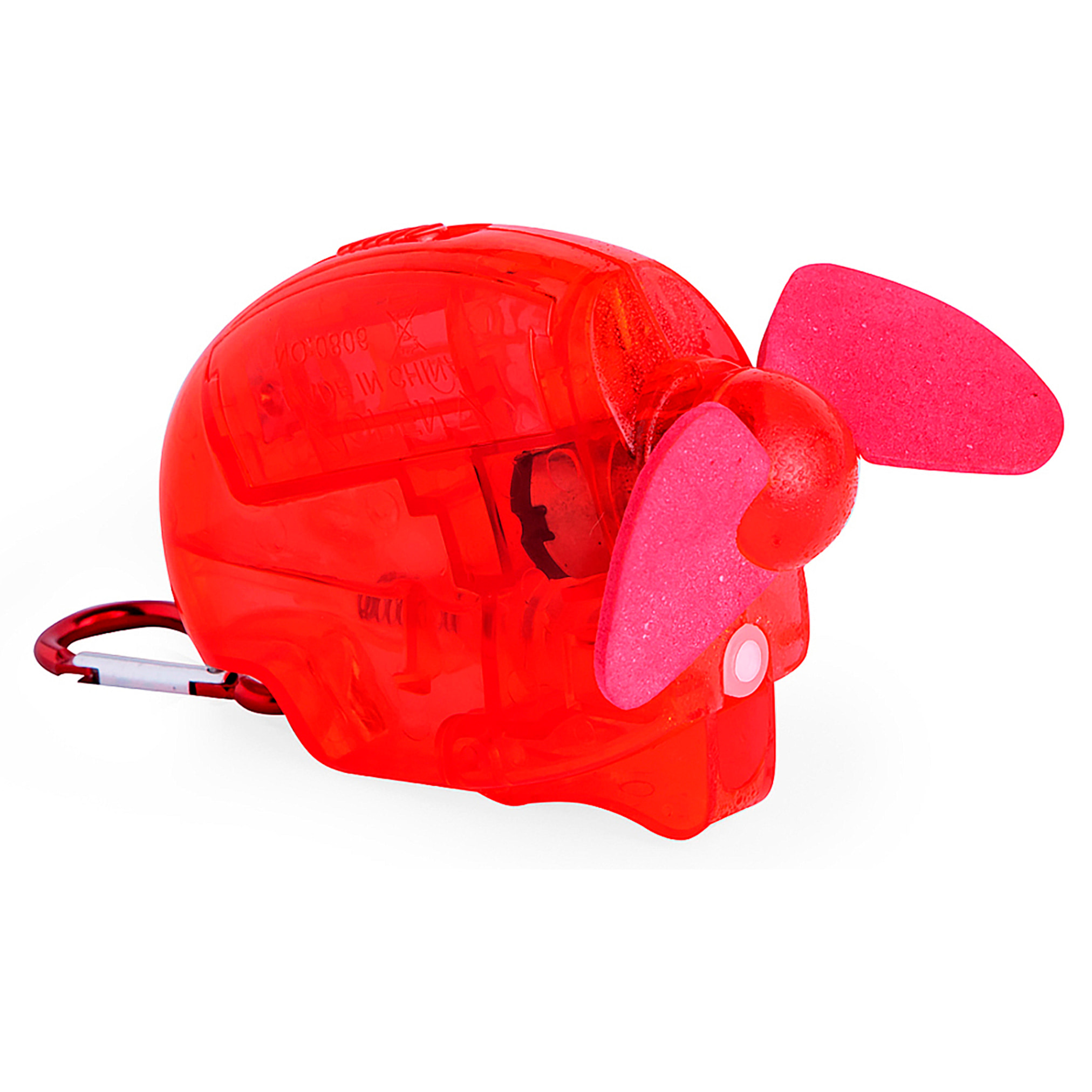 Ventilador vaporizador portátil con depósito de 35 ml y pulverización de agua. Incluye mosquetón para transportarlo cómodamente.