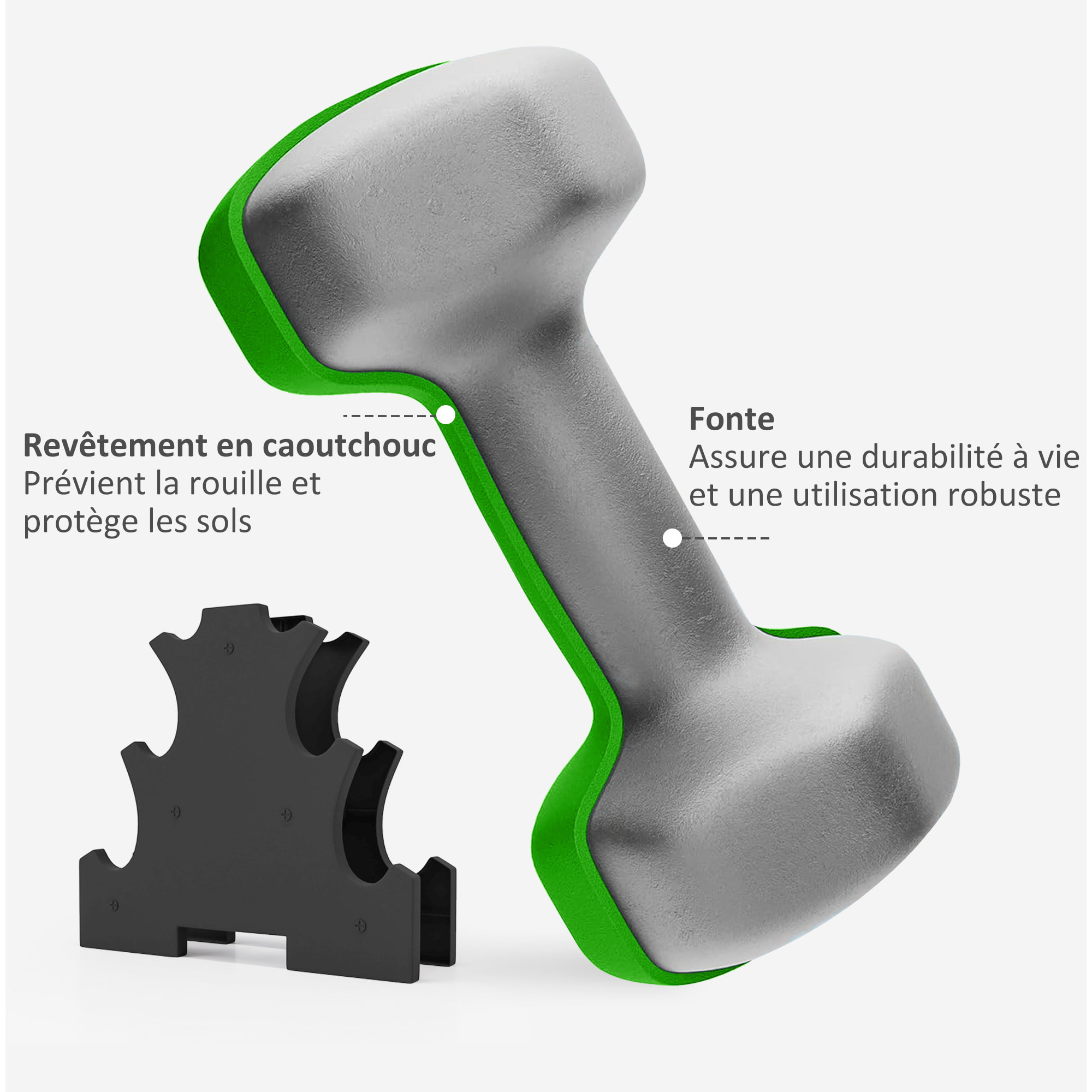 Support noir pour 6 haltères vinyles - 6 haltères incluses total 12 Kg - rose mauve vert