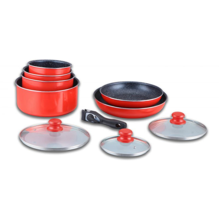 Batterie de cuisine revêtement pierre avec manche amovible 10 pieces rouge Herzberg HG5000-RD