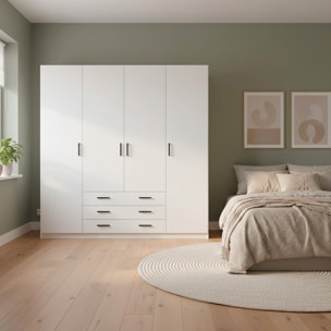 Armadio Con 4 Ante E 3 Cassetti Armadietto Multiuso Barra Appendiabiti E 8 Ripiani Di Cui 6 Regolabili Extra Capiente 195,5 x 49,6 x 200,4 Cm Bianco