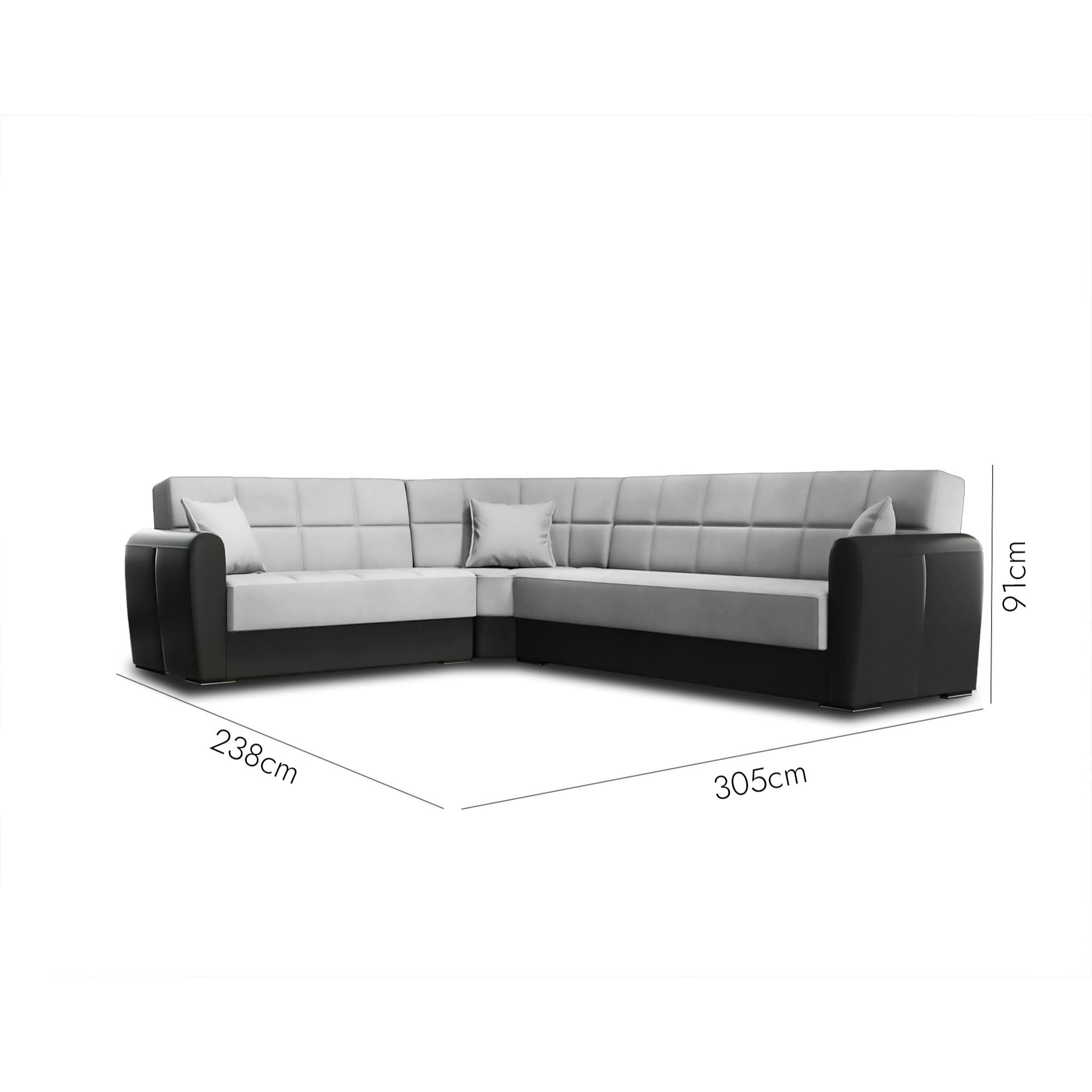 Divano letto Matias, Divano letto contenitore ad angolo in ecopelle e tessuto, Sofà da soggiorno con apertura click-clack e penisola reversibile, 305x238h91 cm, Nero e Grigio Chiaro