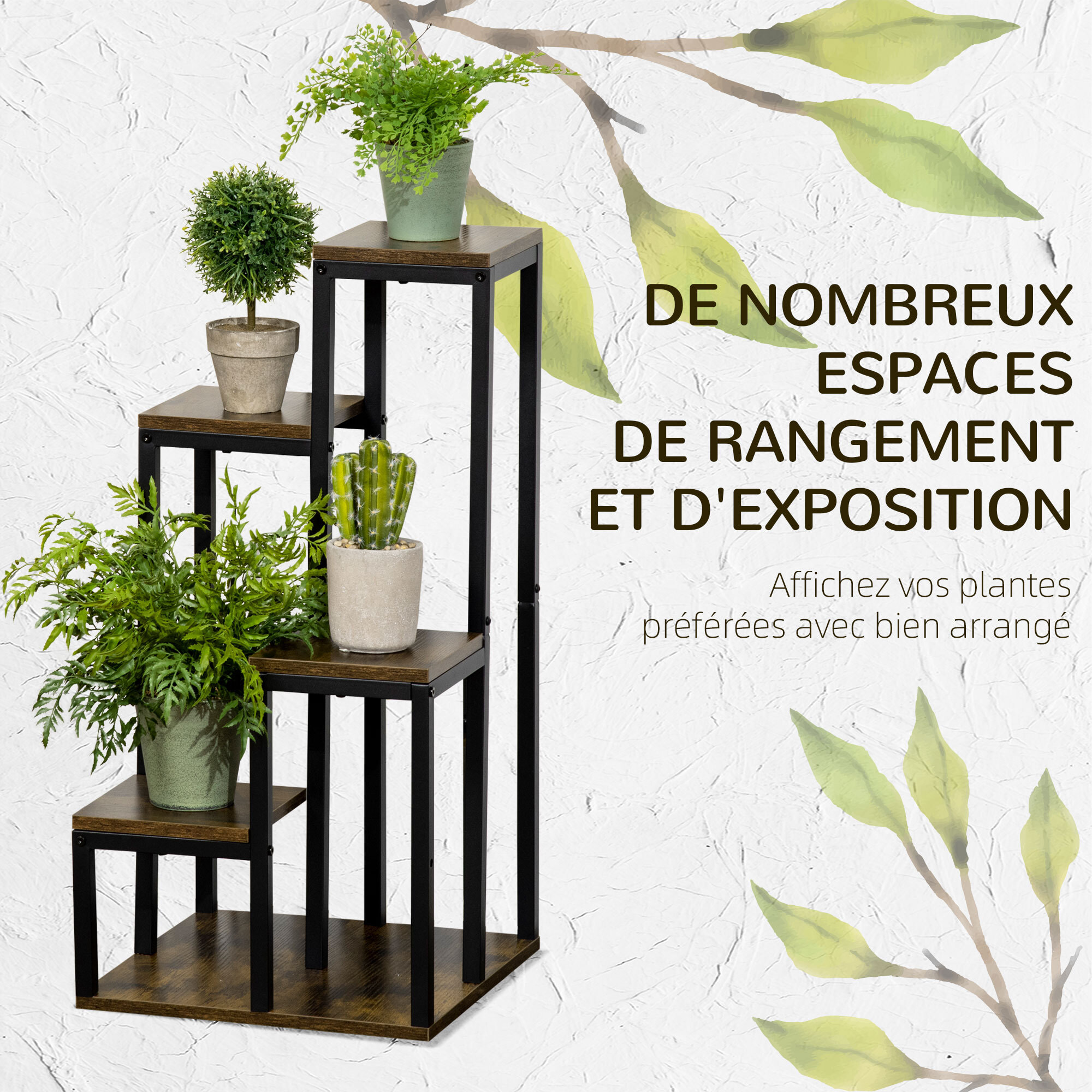 Support à fleurs style industriel 5 niveaux - porte plante 4 étagères - acier époxy noir aspect bois foncé